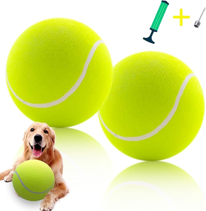 Giant 9.5" Dog Tennis Ball, 2 Pack Oversize Interactive Puzzle Toy with 1*Ball Pump + 1*Needle for Small, Medium, Large Dogs (2 Pack Yellow with Pump)