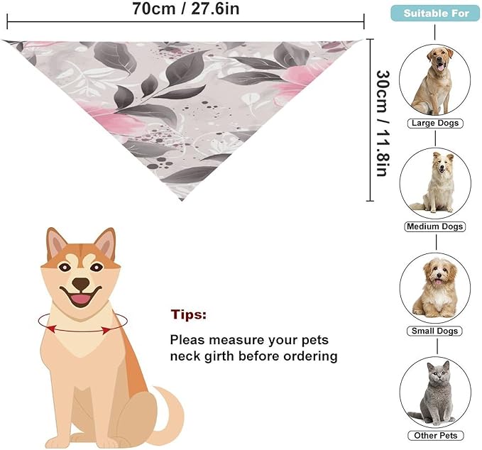 Dog Bandana Spring Pet Scarf Adjustable Triangle Pink Flowers and Leaves on Gray Printing Dog Bib Washable Polyester Puppy Bandana for Small Medium Large Dogs Cat Birthday Party Supplies
