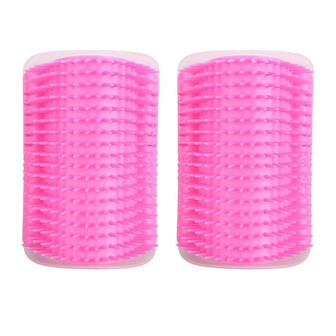 2PCS Self Grooming Cat Brush Interactive Toy Soft Cat Wall Corner Scratcher Massage Combs with Catnip (Pink)