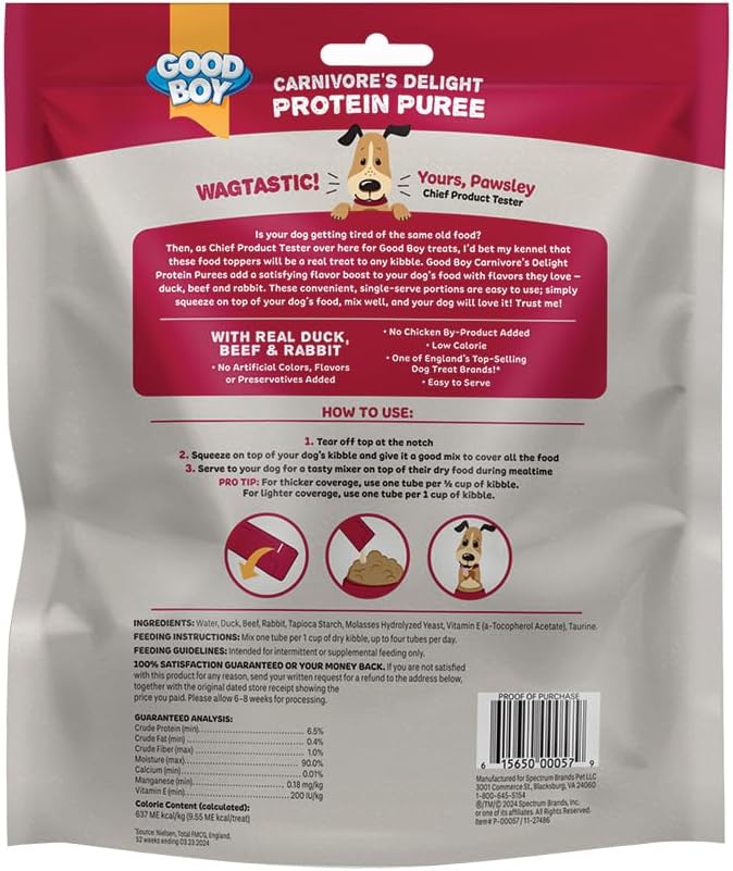 Good Boy Carnivore’s Delight Protein Purees Dog Food Mixers for All Adult Dogs, 30 Count, Easy Single-Serve Triple Flavor Topper Treats with Duck, Beef and Rabbit