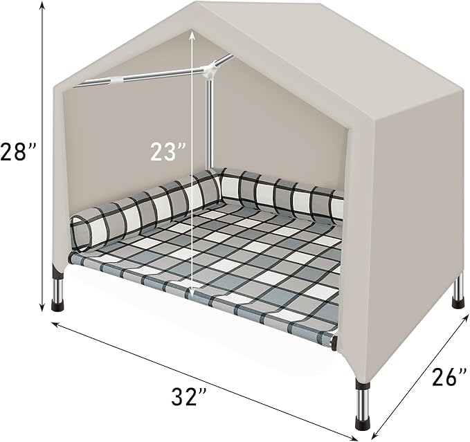 Elevated Dog Pet Bed House - Weatherproof 2-in-1 Indoor Outdoor Pet Cot with Canopy & Bolster Cooling Portable Raised Dog Bed with Pillow for Camping Beach