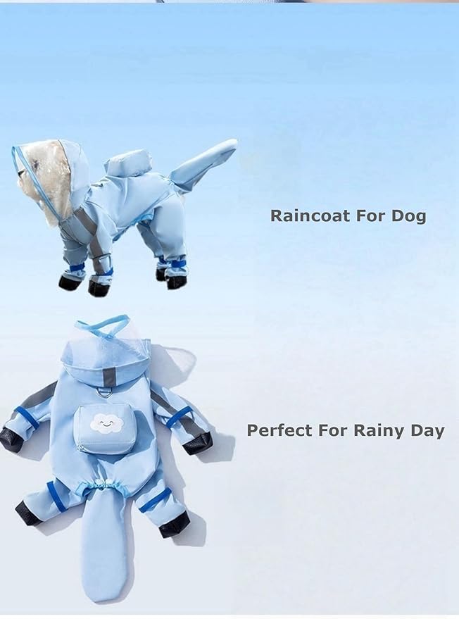 Waterproof Dog Raincoat,Full Coverage 4 Legs Dog Rain Jacket for Small Dogs,Pet Rain Coat with Hood,Reflective Strips&Leash Hole Outdoor Raincoat (X-Large（for Weight 11.1-14.6 lb）, Blue)