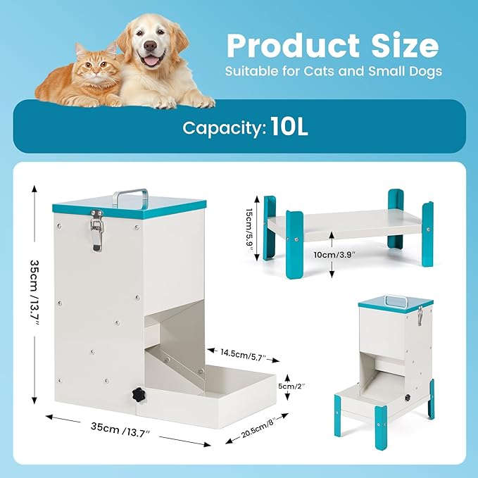 Automatic Cat Feeder, 10L Cat Food Dispenser Automatic Dog Feeder with Stand Gravity Cat Feeder Removable Feeding Tray Raised Pet Feeder for Dogs and Cats