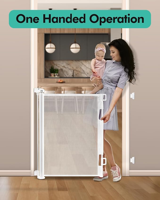 Retractable Baby Gates, Mesh Dog Gate for Doorways, 33.6" Tall, Expands to 71" Wide,Pet Safety Essential Fit for Baseboards, Wide Toddlers Gates for Hallways, Indoor & Outdoor,White