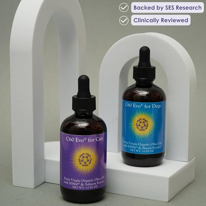 ESS60 Olive Oil for Cats - Organic Extra Virgin Olive Oil, Pure C60 ESS60 (.8 mg/mL) & Natural Salmon Essence to Support Your Cats’ Flexibility, Energy, Immunity, Longevity - 3 oz