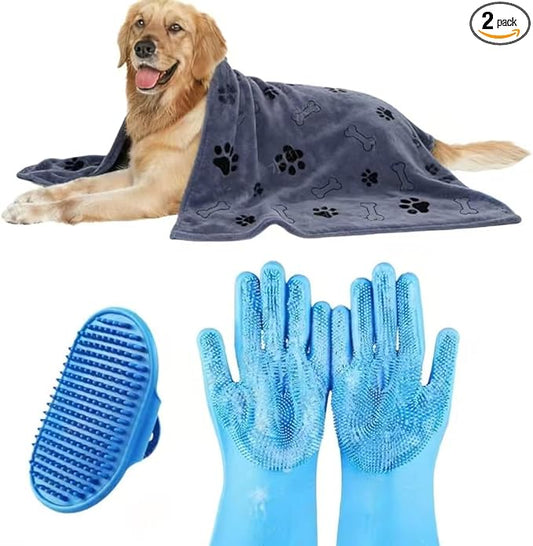 2PCS Dog Bath Supplies,Dog Washing Gloves | Dog Towel 32'' X 16'',Super Absorbent and Soft Pet Grooming Towel, Perfect Shower & Grooming Supplies for Dogs (A-3 Kits)