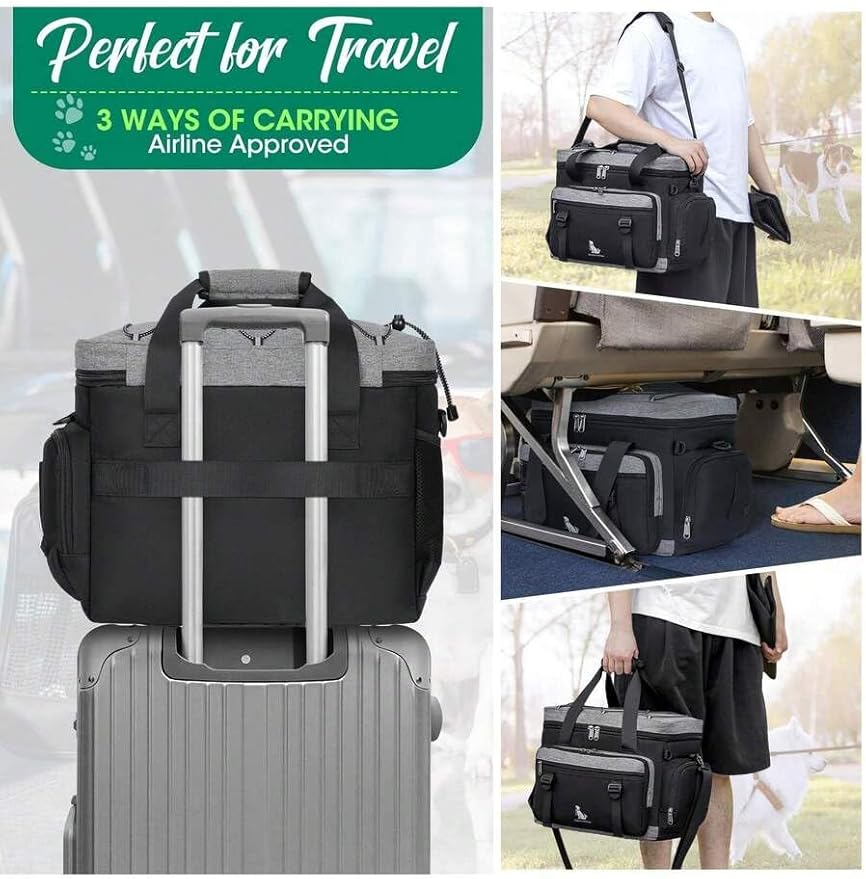 Premium Large Dog Travel Bag Weekend Pet Supplies Organizer Kit with 2 Extra Large Food Containers 2 Collapsible Bowls 1 Feeding Mat Multi Pocket (Black)