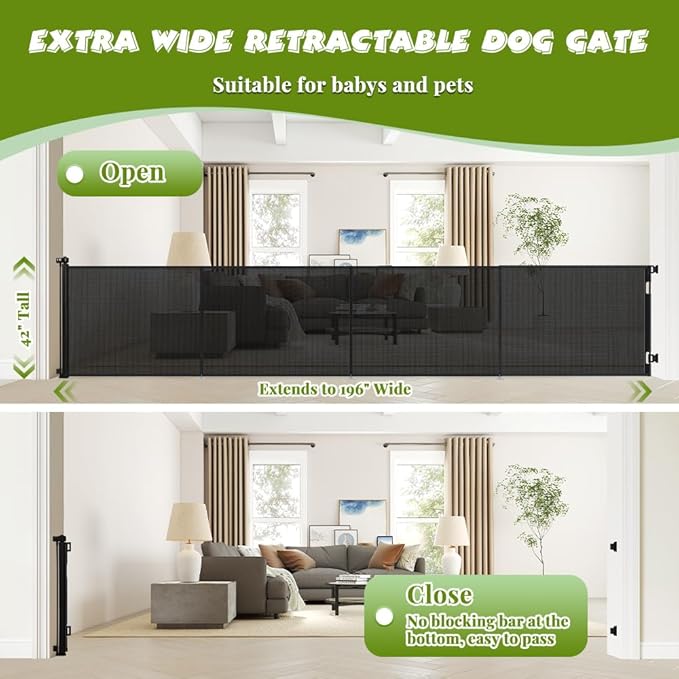42" Tall Retractable Baby Gates, Extra Wide 196" Retractable Safety Gate with Reinforced Strips, Extra Long Dog Gate for Large Openings & Doorways Mesh Pet Baby Gates Indoor & Outdoor, Black