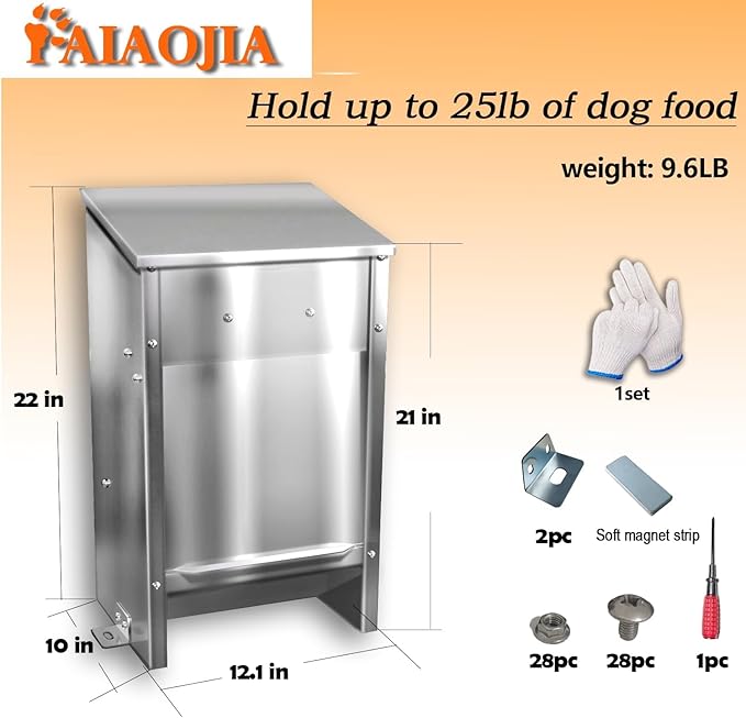 Dog Food Feeder for Kibble - (Stainless Steel Natural Color Anti-Corrosion) - Automatic Food Dispenser Gravity Self Feeding Outdoor for Medium, Large Dog Breedss - 25Lbs New Upgrade
