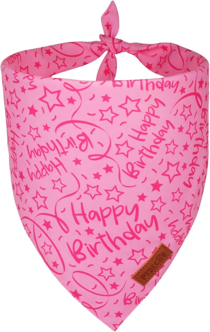 PTDECOR Pink Happy Birthday Dog Bandana, Premium Durable Fabric, Triangle Scarf for Dog Birthday Party Supplies, Pink Pet Bandana for Medium Large Dogs Pets (Large)