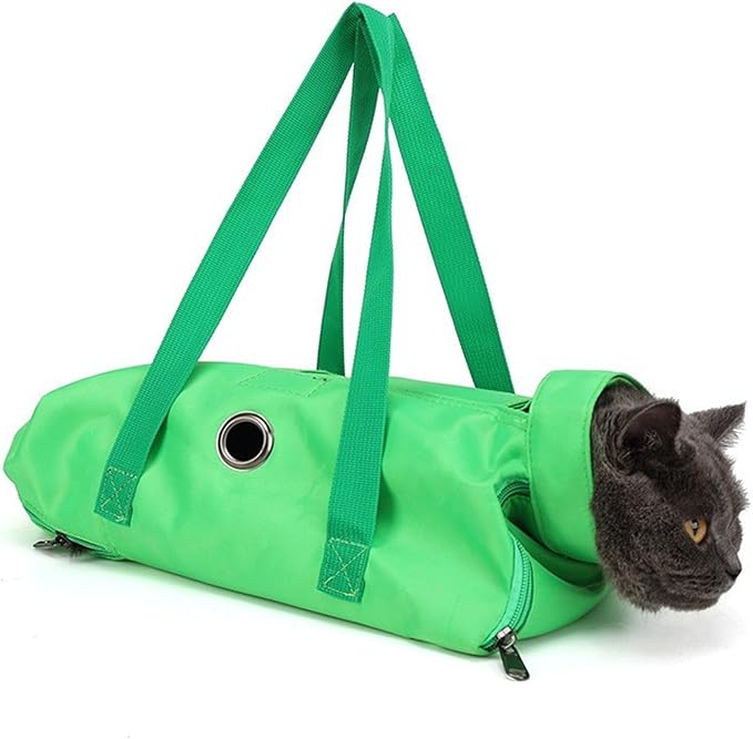 Cat Restraint Bag, Scratch-Resistant Nylon Cat Grooming Bag with Zipper & Paste Tape, Adjustable Multifunctional Cats Carry Bag for Administering Eye Drops, Ear Cleaner, Clipping Nails (Green_M)
