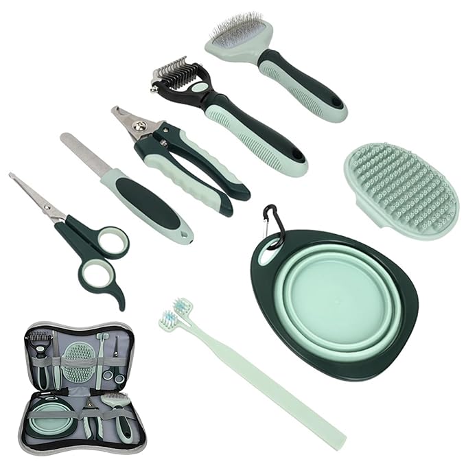 Grooming Brush Kit 8pcs for Shedding Matted Fur Self-Cleaning with Cat Dog Grooming Scissors Flea Comb Pet Grooming and Comb Bath Brush for Indoor Long-Haired Cats