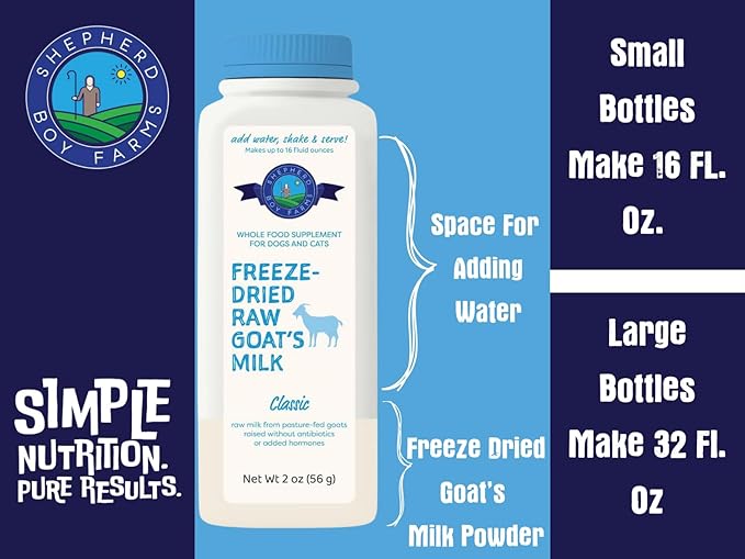 Shepherd Boy Farms Freeze Dried Raw Goats Milk with Probiotics for Dogs & Cats (Super Greens), Organic USA Veggies & Fruits, High Protein, Digestible Goat Milk Powder, Food Toppers - Makes 16 FL OZ