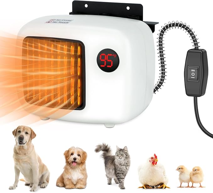 Dog House Heater with Thermostat,Wall-Mounted Dog Heater with 6.5FT Bite Proof Wire,Heaters for Dogs House with Safe Overheat Protection(2 Heating Mode200W/400W)-White