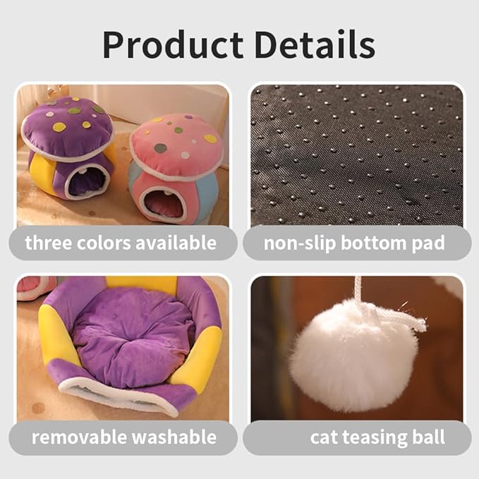 Cute Mushroom Cat House Cat Cave Bed for Indoor Warm Dog nest with Detachable Cushion for Puppy and Kitten