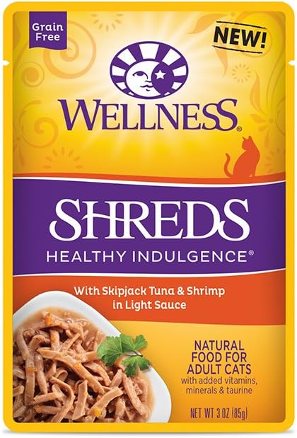 Wellness Healthy Indulgence Natural Grain Free Wet Cat Food, 3-Ounce Pouch (3) Shred Chicken & Turkey, (3) Shred Skipjack Tuna & Shrimp, (3) Gravie Chicken & Turkey, (3) Gravie Tuna & Mackerel (12 PK)
