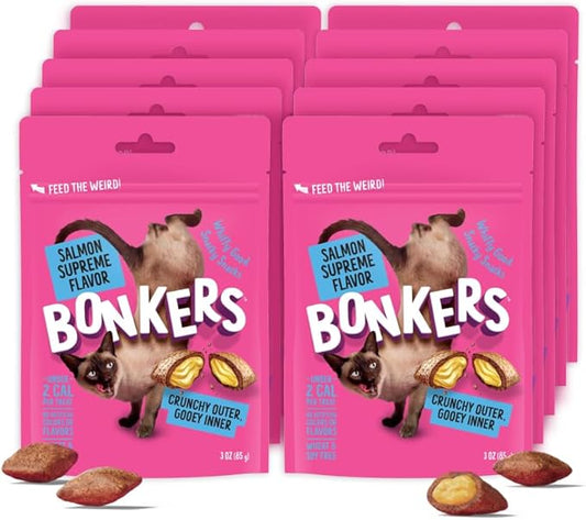 Bonkers Bites, Crunchy & Soft Salmon Supreme Flavor Cat Treats, Low Calorie Pet Treats, Training Treats or Food Topper, 3 OZ Resealable Bag for All Breeds and Ages, Value Pack (10 Pack)