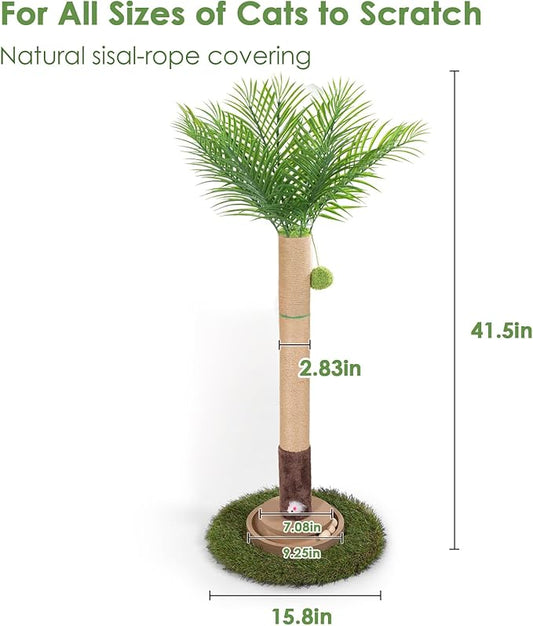 Cat Scratching Post, 35 Inch Tall Cat Scratcher Cat Tree Tower with Hanging Ball for Indoor Cats Adults,Areca Palm Sisal Rope Kitten Scratch with Interactive Mouse Cat Toy