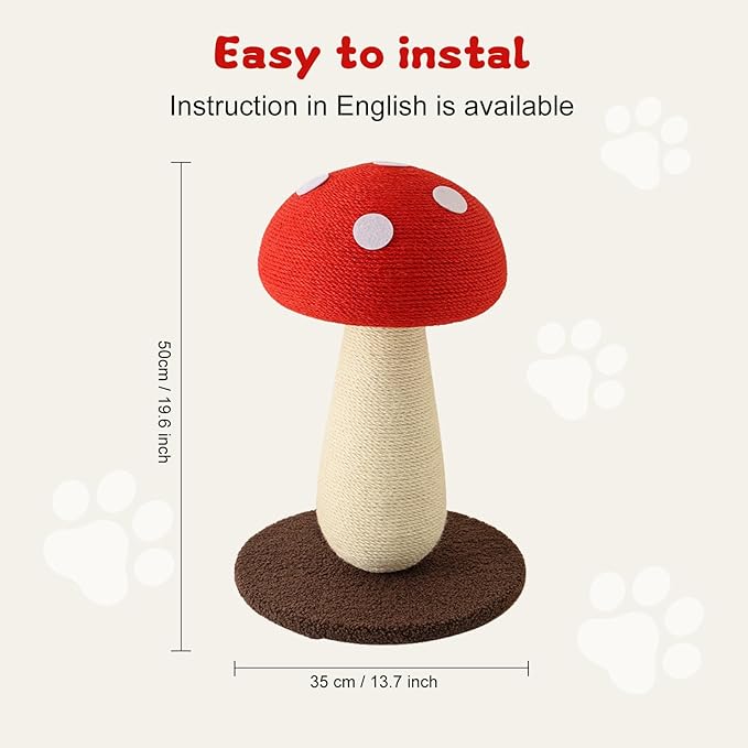 Mushroom Cat Scratching Post, 19.7 Inch Cat Scratcher with Stable Base, Natural Sisal Pole & Cozy Perch for Indoor Cats, Fun Fungus Cat Scratching Board for Kittens and Cats