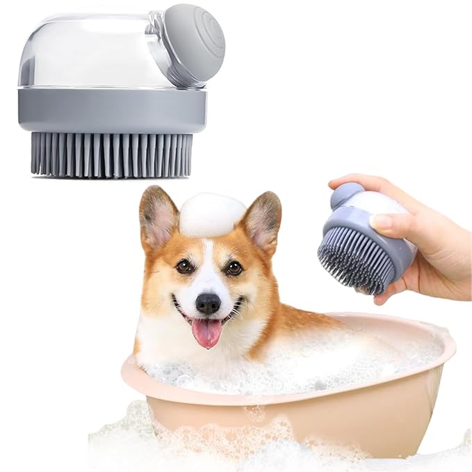 Dog Cat Bath Brush, Pet Shower Massage Brush with Soap Shampoo Dispenser, Pet Grooming Massage Rubber Multifunctional Pet Beauty Cleaning Brush Soft Bristle for Long Short Haired Dog Cat Shower, Gray