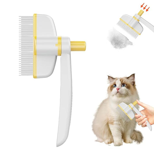 Pet Hair Removal Comb, 2025 Upgraded One Click Self Cleaning Grooming Brush, Cat Brush Comb with Non slip Handle for Short & Long Hair, Pet Grooming Supplies for Cats & Dogs Massaging (yellow)