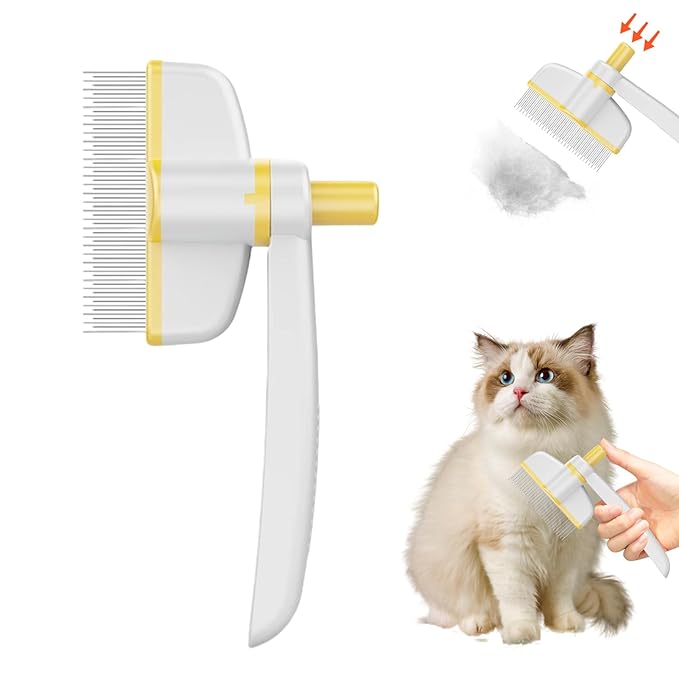 Pet Hair Removal Comb, 2025 Upgraded One Click Self Cleaning Grooming Brush, Cat Brush Comb with Non slip Handle for Short & Long Hair, Pet Grooming Supplies for Cats & Dogs Massaging (green+yellow)