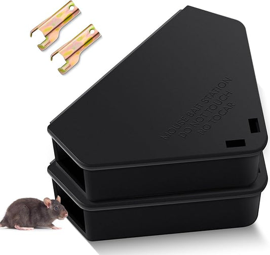 Qualirey Mice Station with Key Triangle Mouse Station Reusable Rodent Trap Box, Keeps Children and Pets Safe Indoor & Outdoor Suitable for Small Mice(Black,2 Pcs)