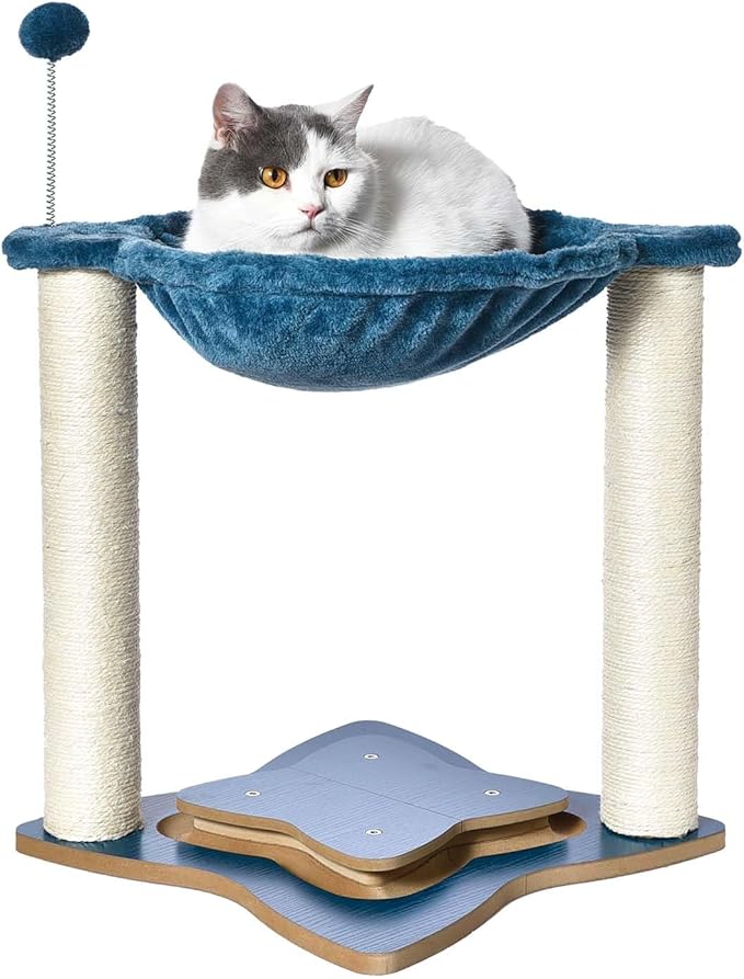 FluffyDream Cat Scratching Post for Indoor Cats, Small Cat Tree Tower with Hammock,Wooden Interactive Ball Track for Kitten and Adult Cats,18inches (Navy)