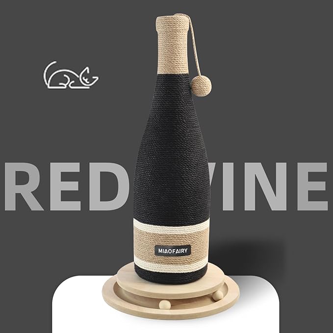 Cat Scratching Post, Premium Cat Scratching Board, Sisal Fiber Cat Scratcher-24.8 Inches with Hanging Ball, Red Wine Bottle Simple Design-Suitable Indoor Small and Medium Cats (24.8 in, Wooden Base)