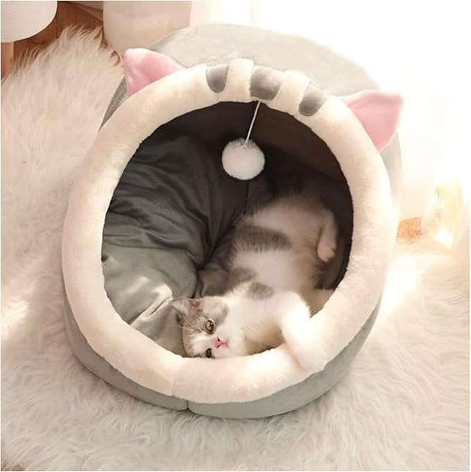 Andiker Cat Beds for Indoor Cats, Semi-Enclosed Cat Cave Bed with a Plush Ball Large Space for Cats to Sleep Soft and Comfortable Covered Cat Bed with a Washable and Detachable Mat (L, Grey)