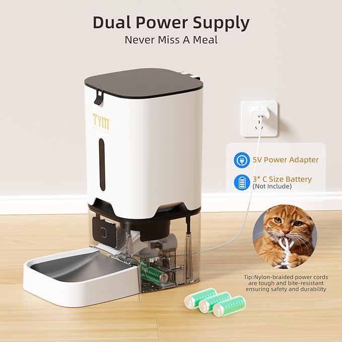 TYM Automatic Cat Feeder, 7L WiFi Cat Food Dispenser with Smart APP Control, Timed Auto Dog Feeder for Small Pets, Programmable Timer, Dual Power Supply, Detachable for Easy Cleaning