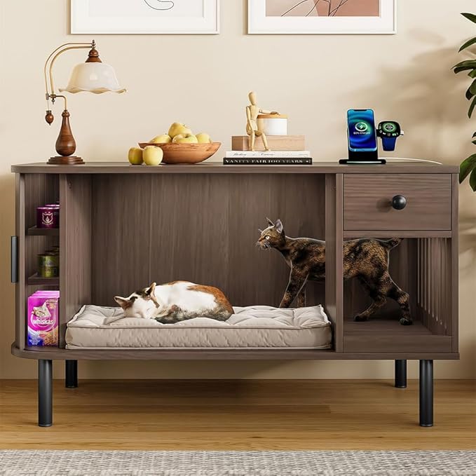 Cat Litter Box Enclosure Furniture with Sliding Door & Charging Station, Hidden Cat Litter Box Cabinet with Drawer & Shelves, Modern Indoor Cat House Side Table for Living Room Bedroom, Brown