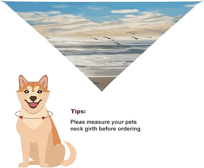 Dog Bandana Spring Pet Scarf Adjustable Triangle Waves on The Beach with Sea Birds Printing Dog Bib Washable Polyester Puppy Bandana for Small Medium Large Dogs Cat Birthday Party Supplies