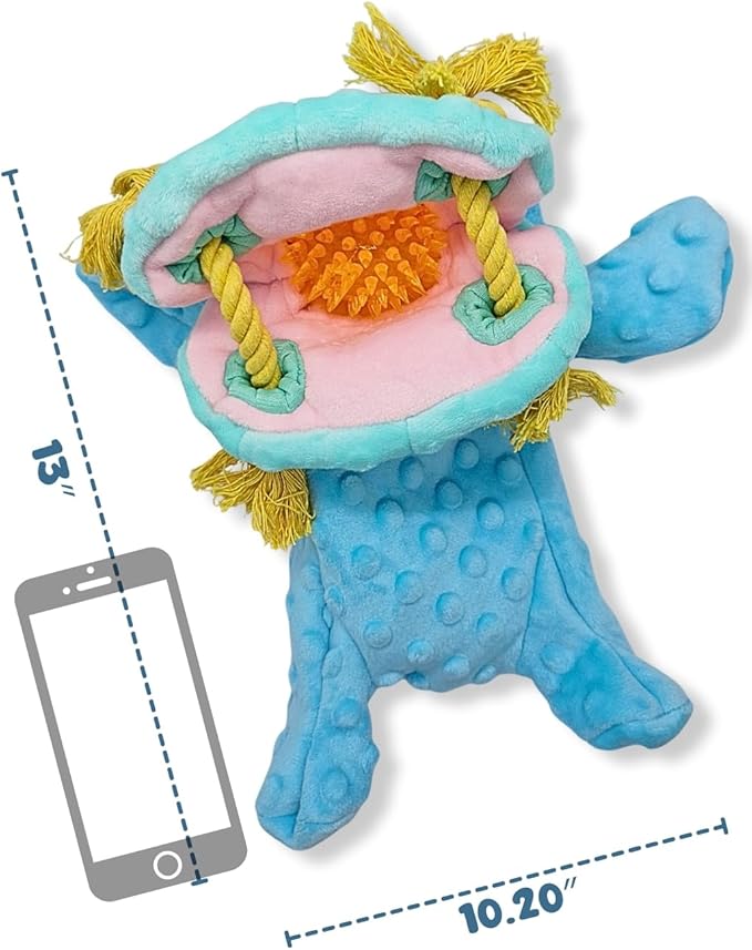 4 in 1 Squeaky Dog Toy - No Stuffing Dog Toy with Ropes, Squeaker & Surprise ball-like play item for Small Medium Large Breeds - for Chewing, Tug of war, Fetch-Soft Pet-Safe Materials-Blue Plush Hippo