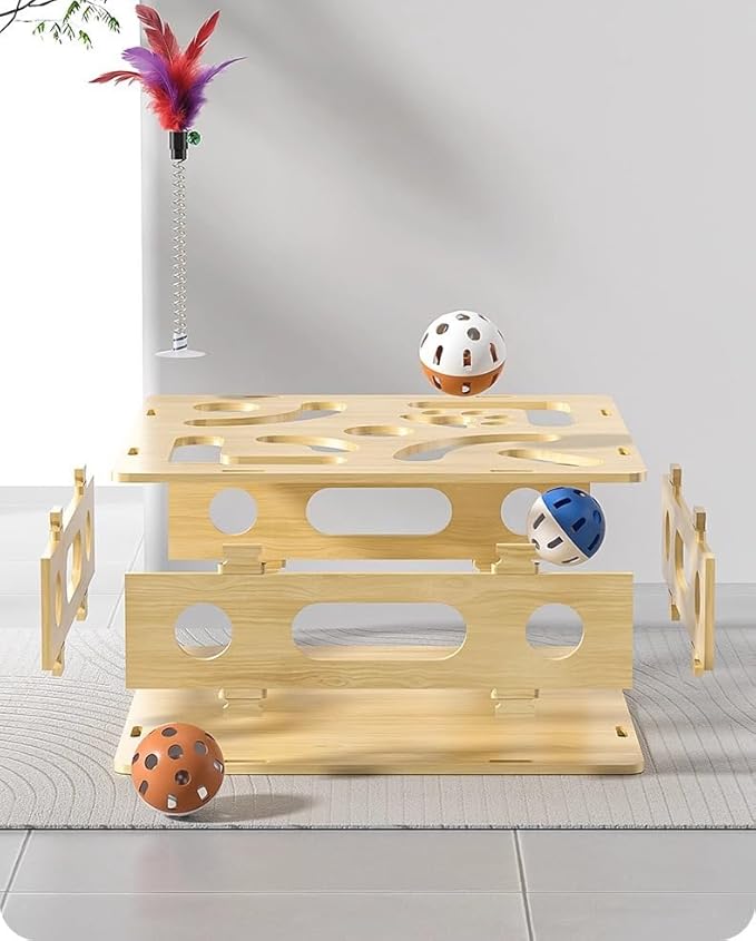 Wooden Cat Claw Care Scratcher with Maze Puzzle & Bell Ball - Enrichment Toy for Calm Grooming Alternative