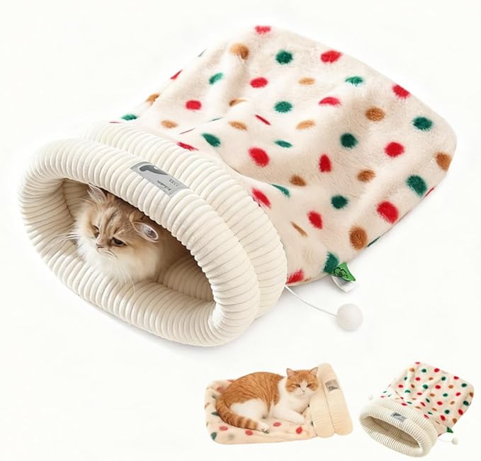 Cat Sleeping Bag, Cats Winter Sleeping Bag for Indoor Cats Cozy Plush Cat Cave Bed, Self-Warming Pet Snuggle Sack for Kitten Puppy Small Dogs (D - Beige 1 pcs, L-21"x17.7")