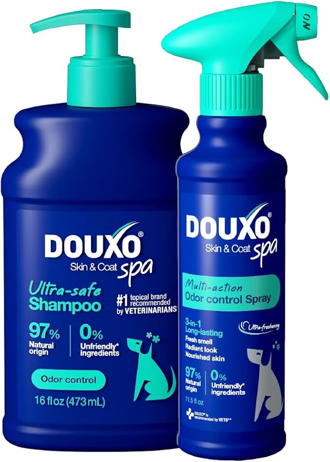 DOUXO® Skin & Coat SPA – Ultra-Safe Combo for Dogs, Odor Control Shampoo (16 fl oz, Cleanses & Removes Odor) + Multi-Action Odor Control Spray (11.5 fl oz, Deodorizes)