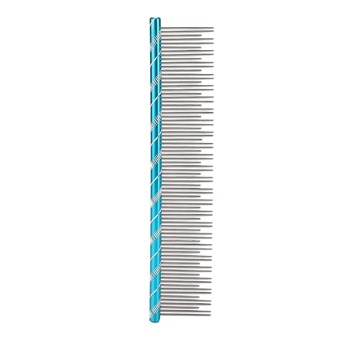 Pet Hair Removal Comb with Stainless Steel Teeth, Durable Cat Grooming Tool, 6.3 Inch Comfortable Non Slip Handle - Reusable Design, Open Knot Comb for Long and Short Haired Cats (Blue)