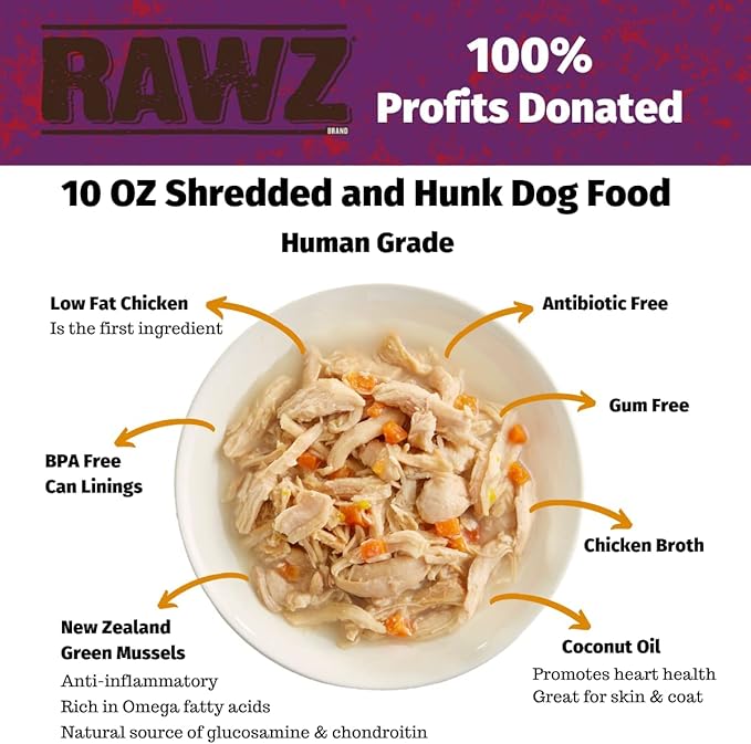 Rawz - in Broth Canned Adult Dog Food (Shredded Chicken in Broth) with New Zealand Green Mussels - 12 Cans -10 OZ Cans (Chicken Breast&Mussels-Shredded)