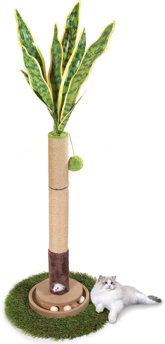 Cat Scratching Post, 35 Inch Tall Cat Scratcher Cat Tree Tower with Hanging Ball for Indoor Cats Adults,Snake Plant Sisal Rope Kitten Scratch with Interactive Mouse Cat Toy