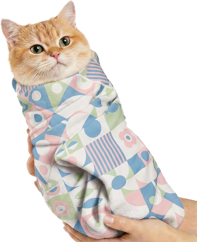BFNN Cat Grooming Wrap for Cutting Nails, 31.5" Anti-Escape Calming Cat Swaddle Wrap for Medicine, Nail Clipping, Teeth Brushing, Ear Cleaning, Self-Adherent Burrito Restraint, (Geometric Fish, XL)