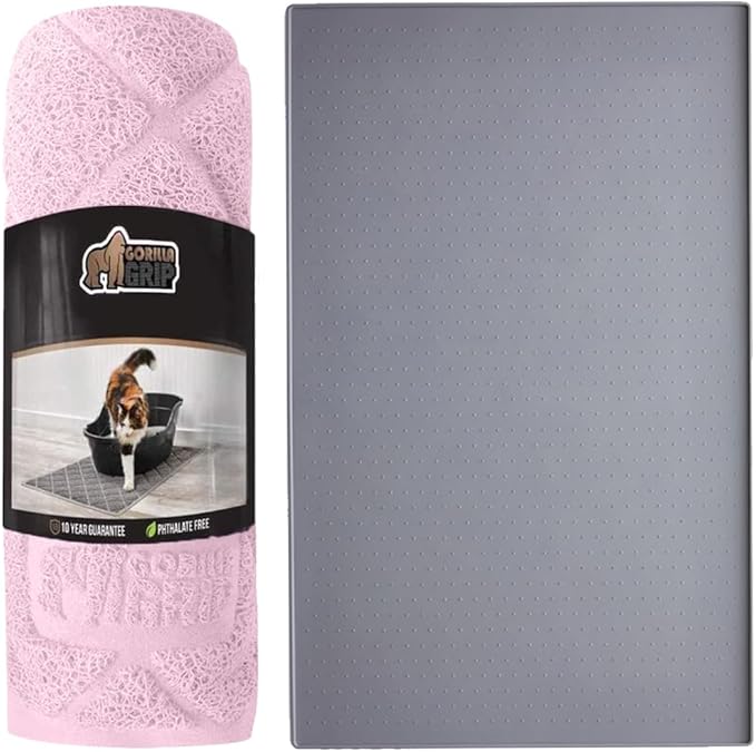 GORILLA GRIP Cat Litter Box Mat, 17x11 Inch Light Pink and Silicone Dog Food Mat, 18.5x11.5 Inch Gray, 2 Item Bundle