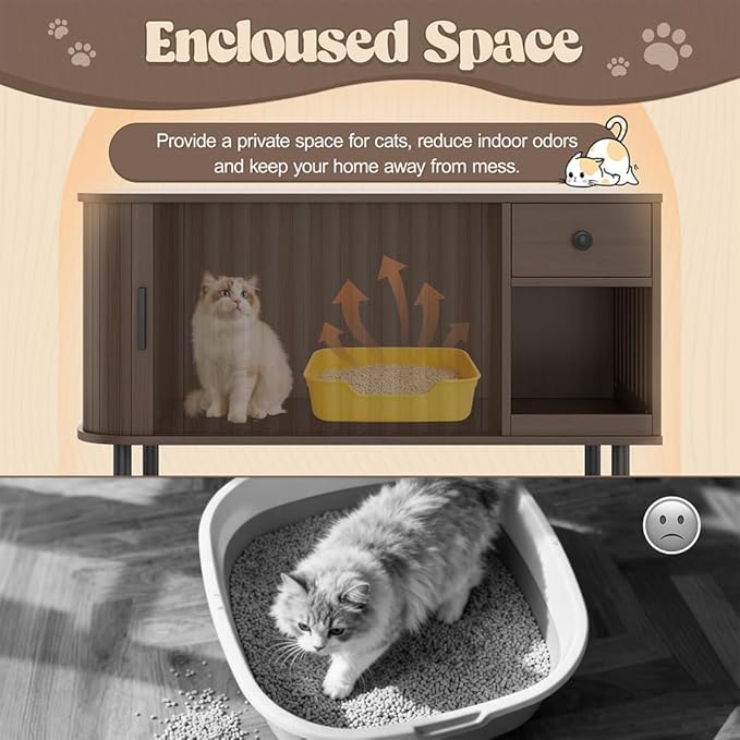 Cat Litter Box Enclosure Furniture with Sliding Door & Charging Station, Hidden Cat Litter Box Cabinet with Drawer & Shelves, Modern Indoor Cat House Side Table for Living Room Bedroom, Brown