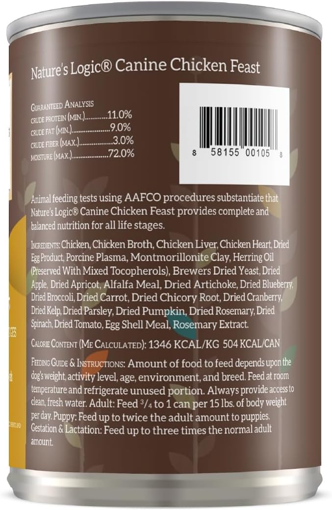 NATURE'S LOGIC Grain-Free Canned Dog Food - 95% Animal Proteins - 100% Natural Wet Dog Food Cans - No Common Allergens - All Life Stages - Ideal for Sensitive Dogs - Chicken (13.2 oz, 12 Pack)