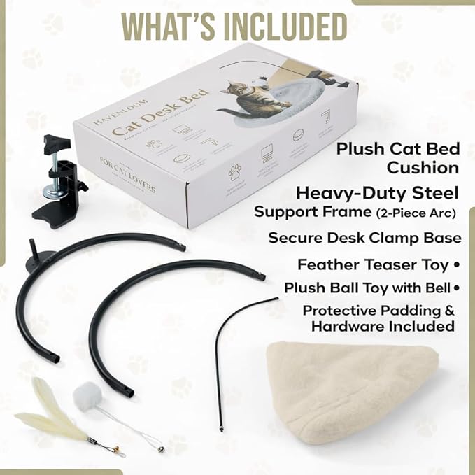 Cat Desk Bed for Home Office – Plush Clamp-On Cat Hammock with Hanging Feather and Ball Toy, Non-Slip Heavy-Duty Mount, Space-Saving Desk Mounted Cat Bed for Remote Workers Supports 40 lbs