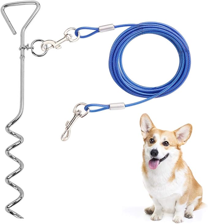 CLKHOWL Dog Stake Tie Out Cable - 16/30" Anti Rust Reflective Stake for Medium Large Dogs Up to 125 lbs, Dog Cable Runner and Metal Hooks for Yard, Camping, or Outdoors (Blue, 30FT)