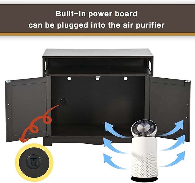 31.5" L Walnut Cat Litter Box Enclosure with Hidden Plug & 2 Doors, Indoor Large Cat Washroom Storage Bench Side Table