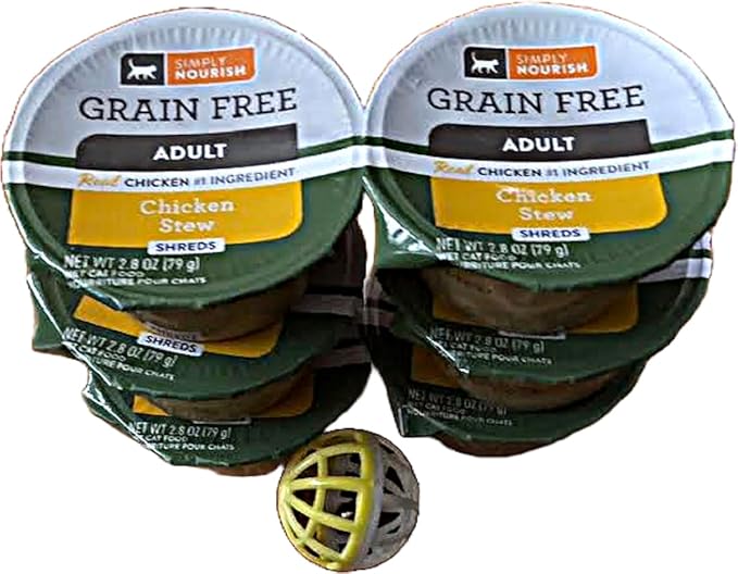 SIMPLY NOURISH Adult Cat Food Shreds 6-2.8 Ounce Cups (Chicken Stew (Shreds) Plus Cat Toy Will vary.