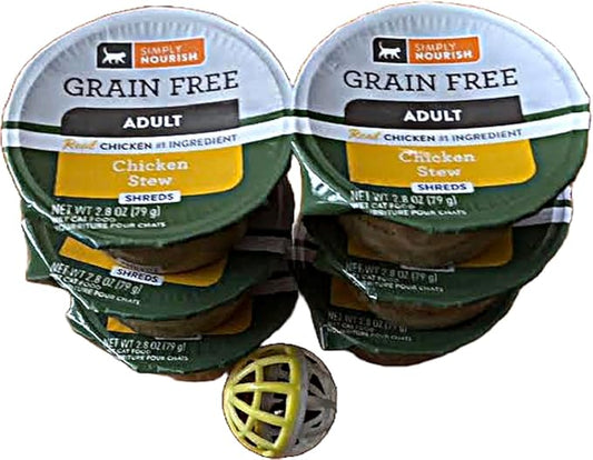 SIMPLY NOURISH Adult Cat Food Shreds 6-2.8 Ounce Cups (Chicken Stew (Shreds) Plus Cat Toy Will vary.