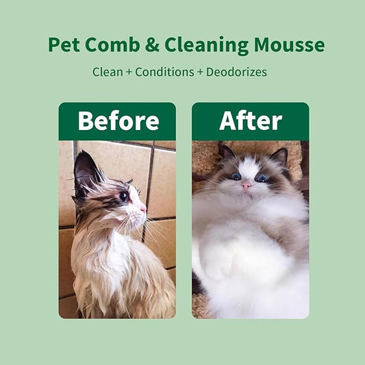 2-in-1 Pet Grooming Kit, Gentle Comb and Waterless Cleaning Mousse for Dogs and Cats, No-Rinse Foam for Fresh-Smelling, Soft, Tangle-Free Coats
